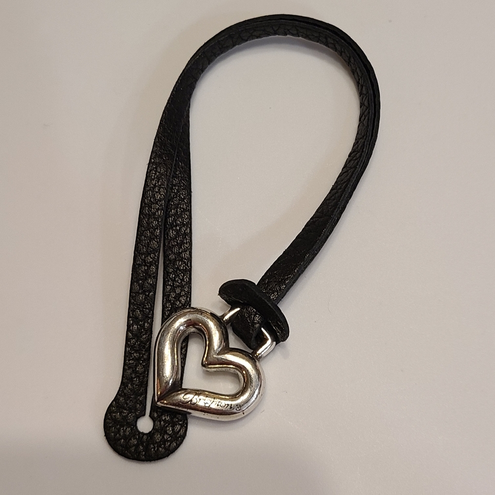 Brighton Leather Heart Key Fob Bag Charm Luggage Purse Tag EUC black Silver